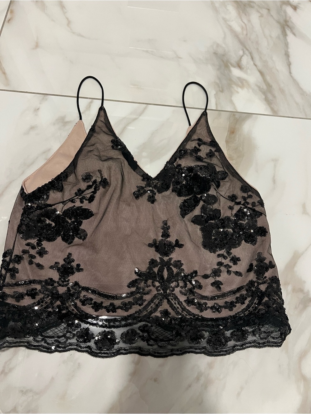 Embroidered Sheer Sequin Cami Top in Nude and Black